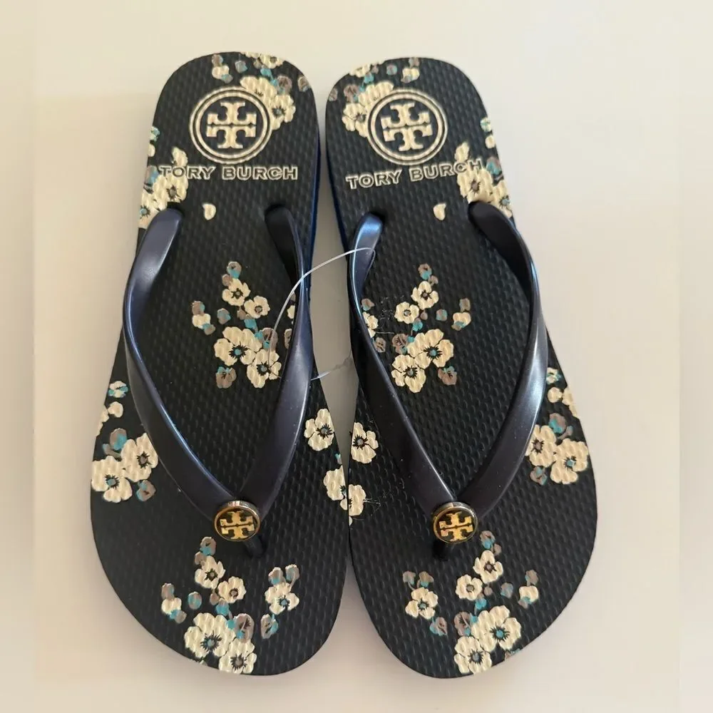 Tory Burch Navy Floral Thin Flip Flops